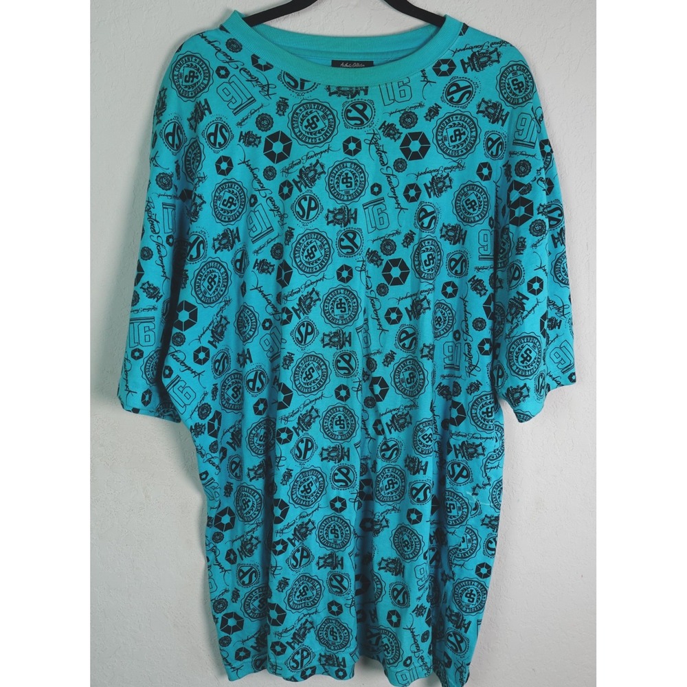 Southpole T-Shirt Mens XXL Teal Black All Over Logo Print Streetwear Crewneck
